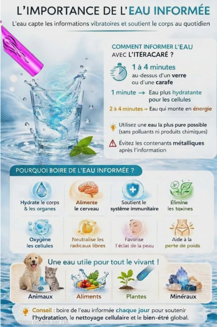 Eau informée et vitalité Eau informée avec iTeraCare terahertz, information vibratoire de l’eau pour soutenir le corps, hydratation et équilibre du vivant