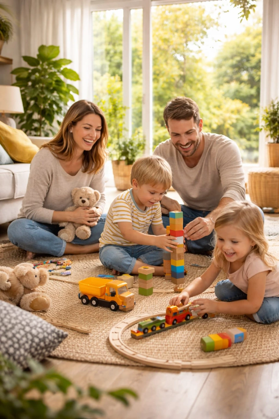 Famille dans un salon lumineux représentant une maison harmonisée énergétiquement favorisant bien-être et équilibre