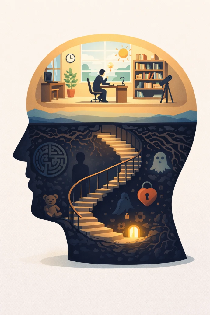 Représentation symbolique de l’inconscient et du conscient sous forme de maison intérieure avec un escalier reliant les deux niveaux