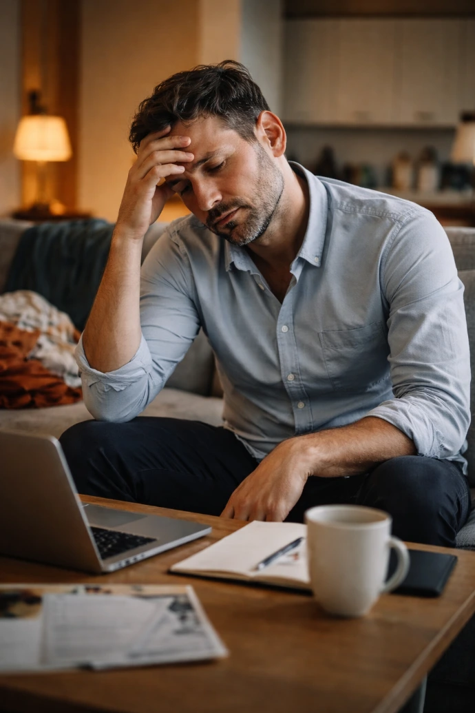 Homme fatigué travaillant chez lui dans un environnement déséquilibré illustrant le besoin d’harmonisation du lieu de vie
