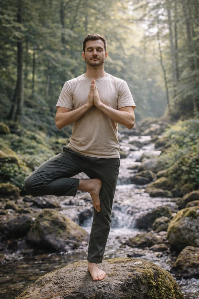 Image d’un homme en position de l’arbre debout sur un rocher, au cœur de la nature. Sa posture stable et ancrée illustre un état de centrage, d’équilibre et de stabilité intérieure, en lien avec le travail énergétique de recentrage proposé par Carole Blériot.