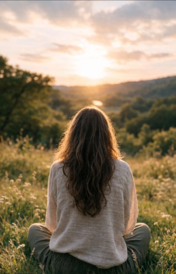 Image illustrant un soin de centrage énergétique proposé par Carole Blériot, montrant une personne assise en pleine nature au coucher du soleil, dans un état de calme, de recentrage et de retour à soi.