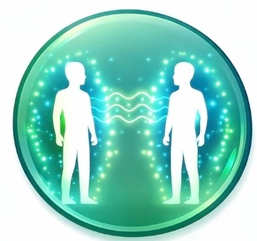 Deux silhouettes face à face entourées d’un champ énergétique, illustrant la lecture et les échanges fréquentiels