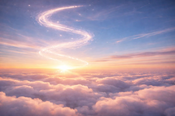 Illustration d’un ciel lumineux représentant les cycles énergétiques et les transitions intérieures avec un mouvement de lumière entre ciel et soleil