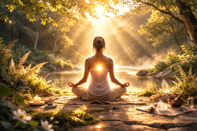 Illustration d’une transformation intérieure avec une femme en méditation entourée de lumière au niveau du cœur dans un environnement naturel apaisant