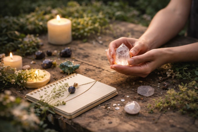Illustration d’outils et pratiques d’évolution avec un cristal, un pendule et un carnet utilisés dans un espace naturel propice à l’introspection