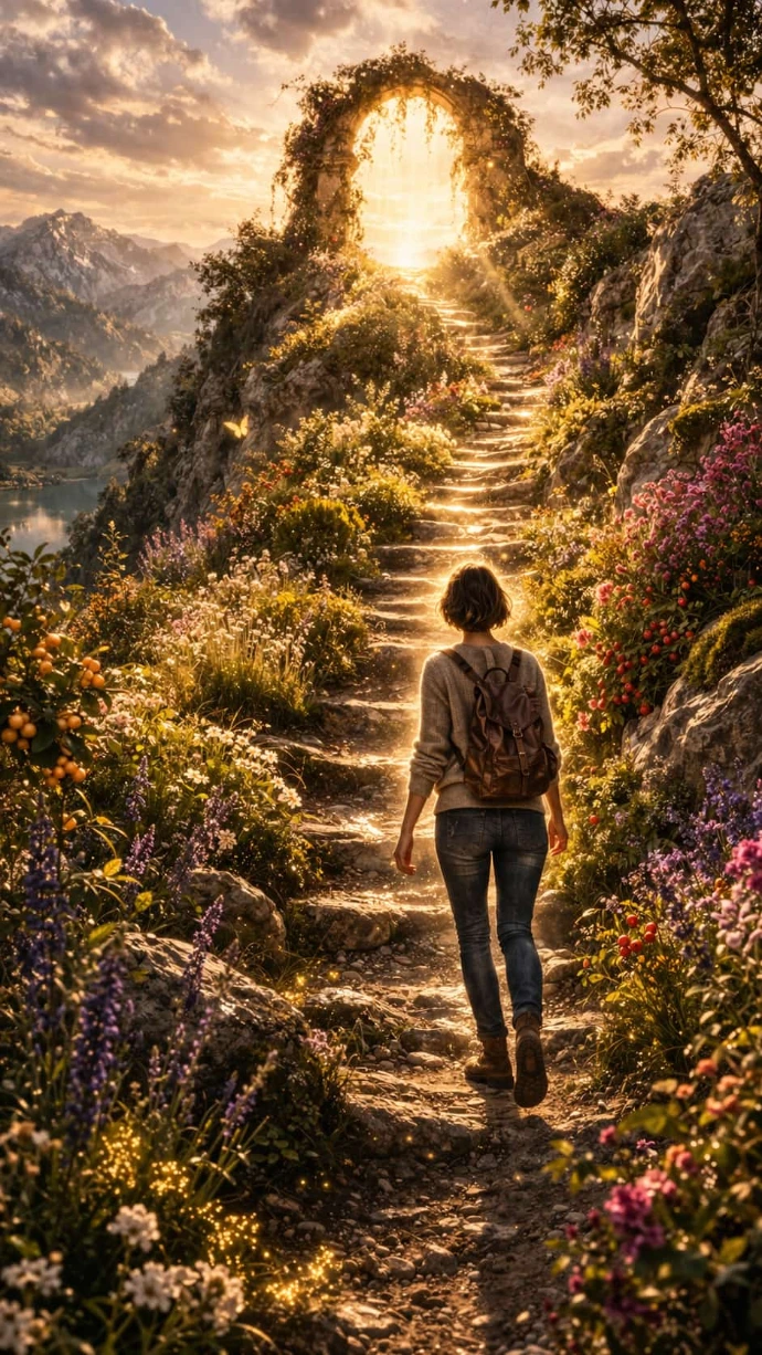 Un chemin d’évolution intérieure vers un passage transformateur Femme marchant sur un chemin de transformation intérieure vers une arche lumineuse symbolisant un passage et une évolution